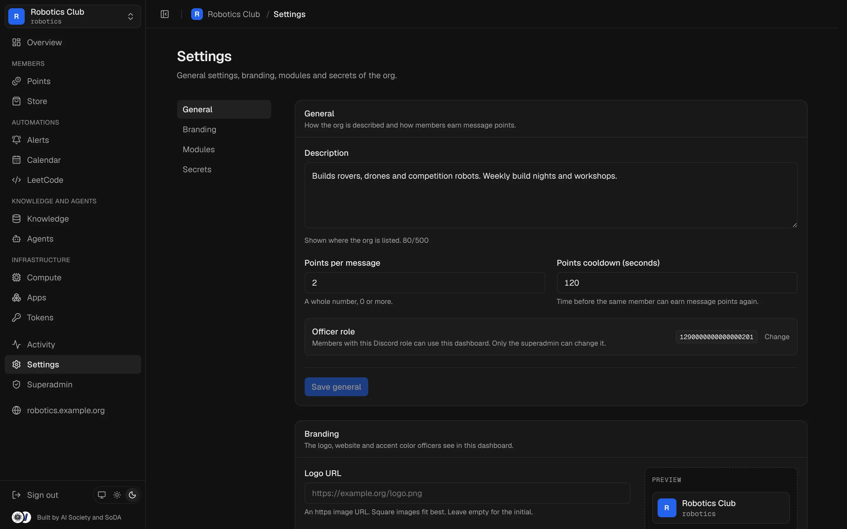 Settings page with a switch for each module