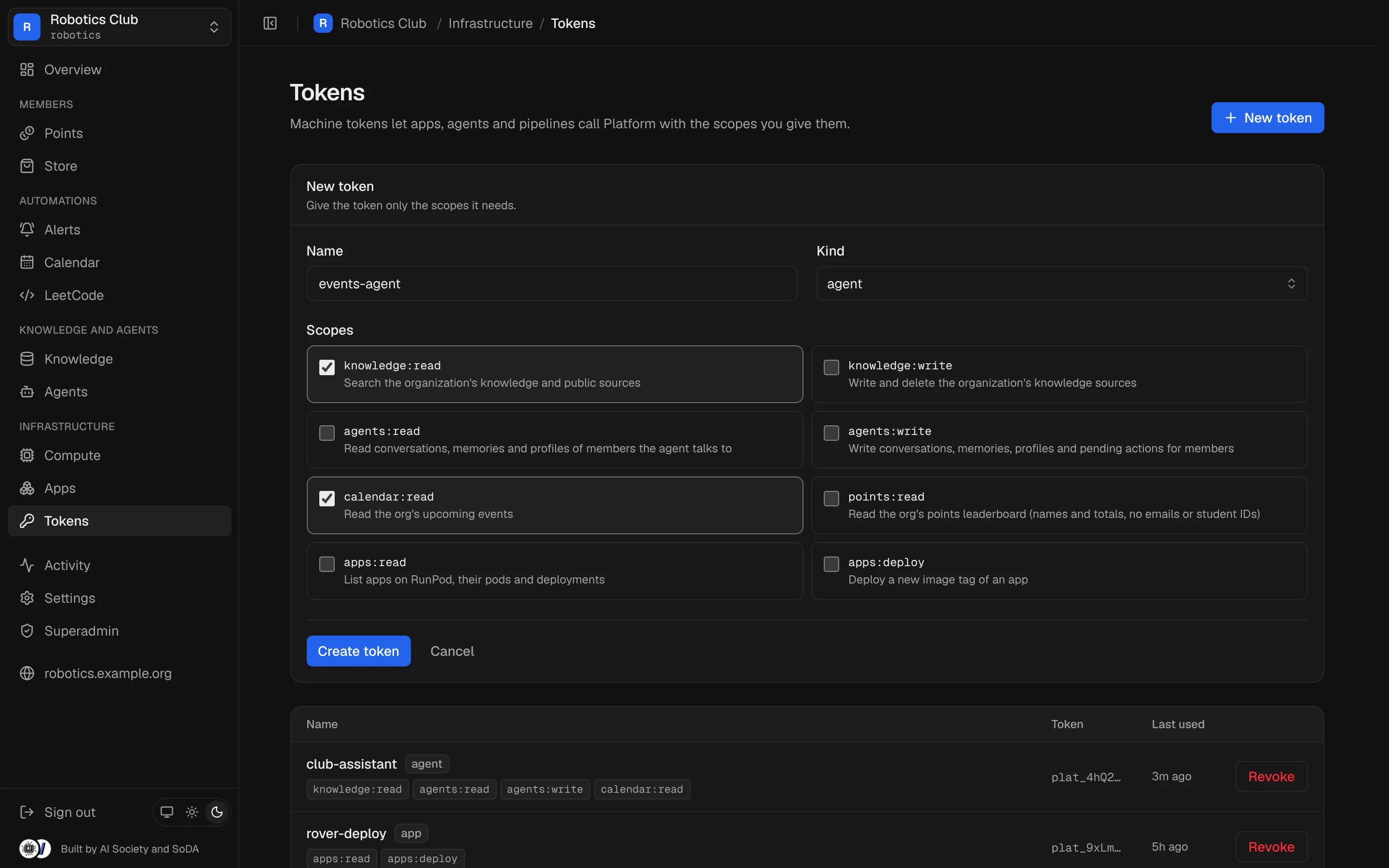 Tokens page with a new agent token and its scopes
