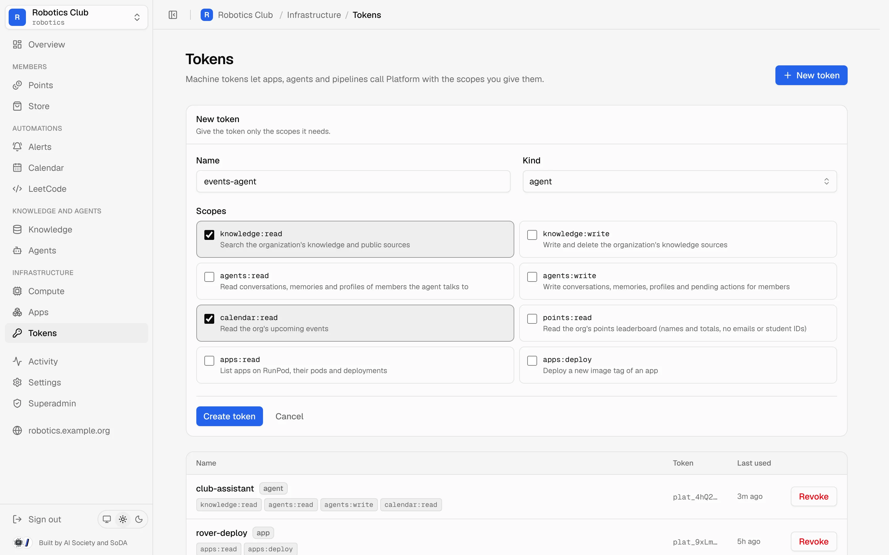 Tokens page with a new agent token and its scopes